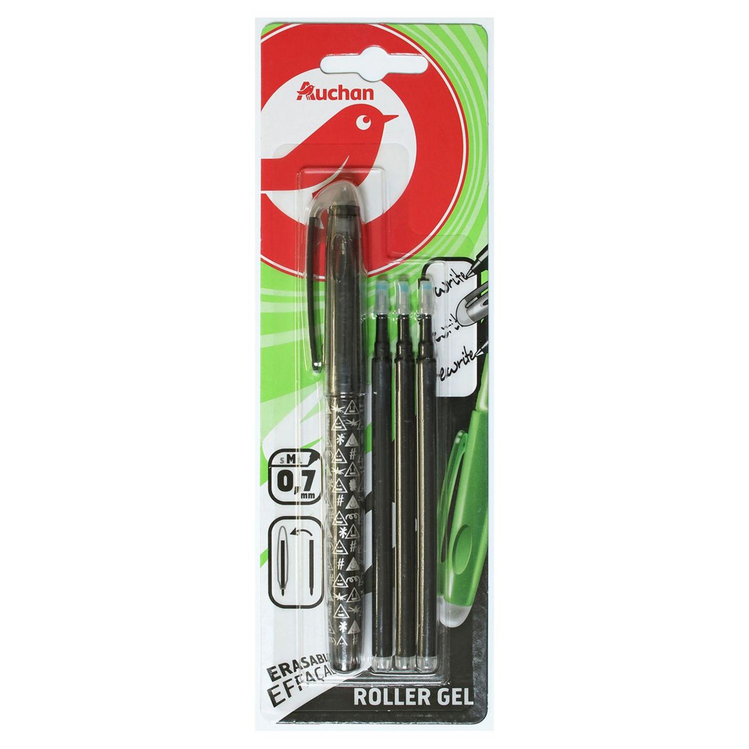 AUCHAN Stylo roller + 3 recharges noir pas cher 