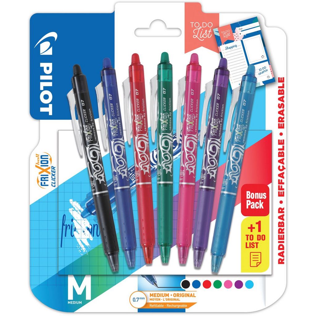 PILOT Lot de 7 stylos effaçables pointe moyenne noir/bleu /rouge/vert/rose/violet/bleu clair FriXion Ball Clicker + 1 To Do list pas  cher 