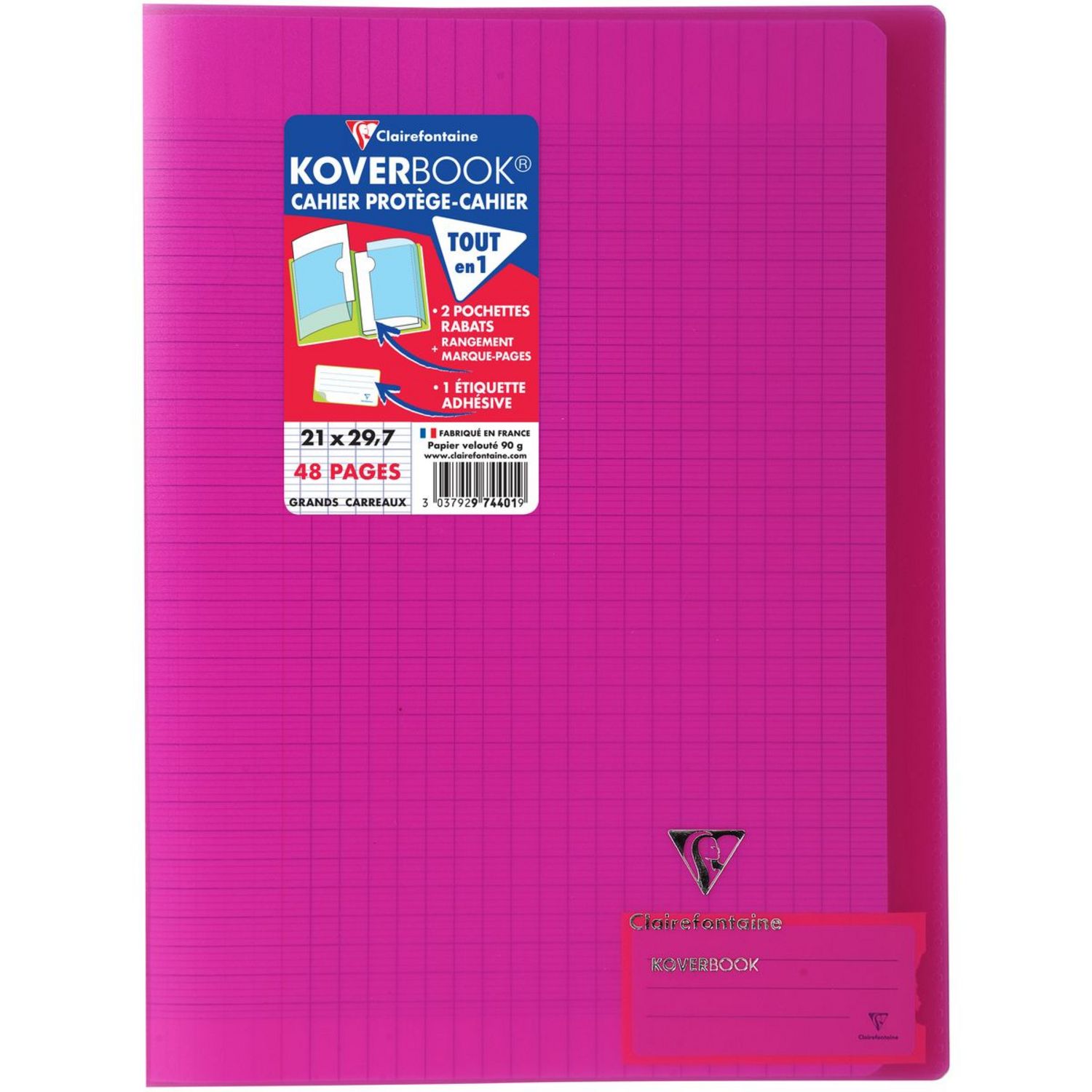 CLAIREFONTAINE Cahier polypro Koverbook 21x29,7cm 48 pages grands carreaux  Seyes translucide rose pas cher 