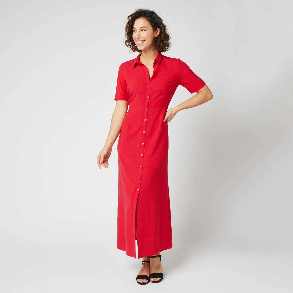 INEXTENSO Robe longue col chemise rouge femme pas cher Auchan.fr