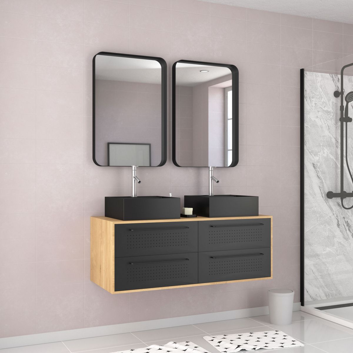 Aurlane Meuble de salle de bain caisson 4 tiroirs + 2 vasques rectangles - UBY 120cm