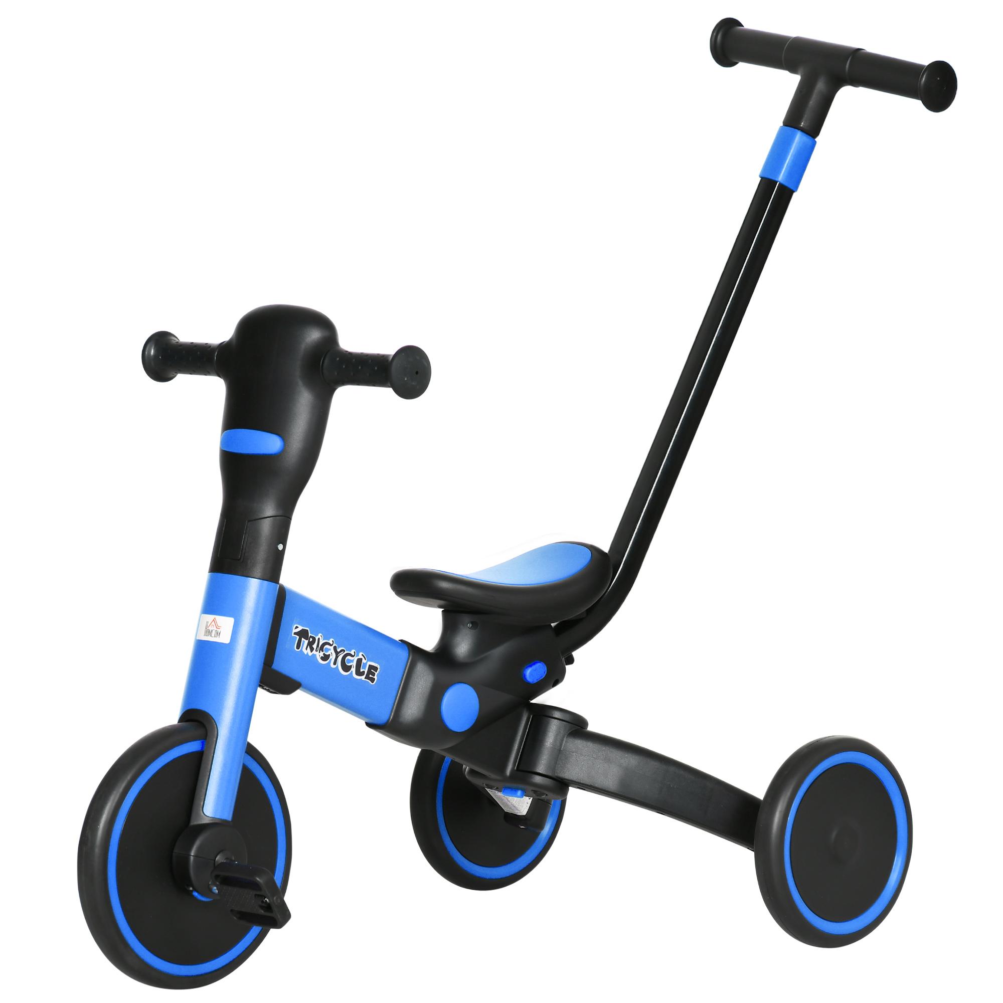 Tricycle enfant evolutif 4 en 1 tricycle a pousser tricycle simple draisienne velo canne telescopique guidon pliable alu. bleu PP noir