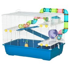 Grande cage à hamsters 4 niveaux - tunnels, abreuvoir, mangeoire, roue, maisonnette, échelles - dim. 79L x 46l x 60H cm - métal PP bleu blanc