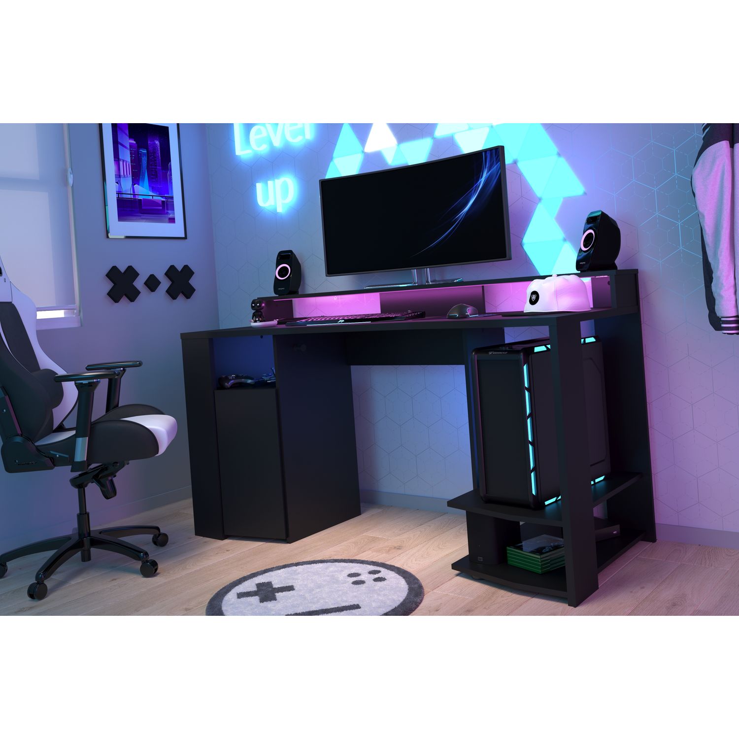 Maison et Déco pas cher - Bureau gaming COLUMBUS avec large plateau led et  rangements pas cher prix Bureau Auchan 399.00 € TTC. 😍Découvrir ici -   Le plus produit Meuble fabriqué