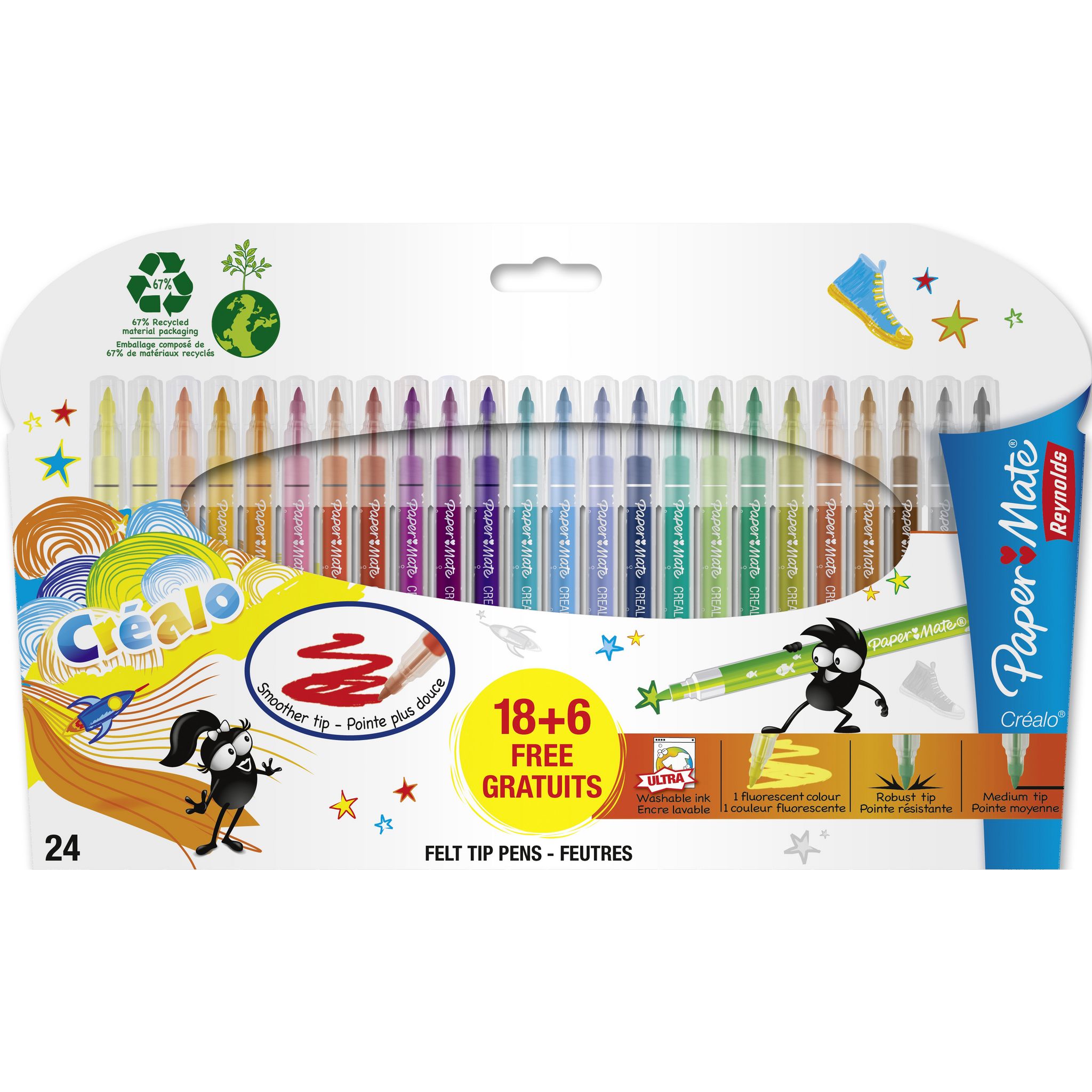 HYPERBURO  BOITE DE 18 FEUTRES DE COLORIAGE PENTAL ENCRE ULTRA LAVABLE  POINTE MOYENNE 3,9MM