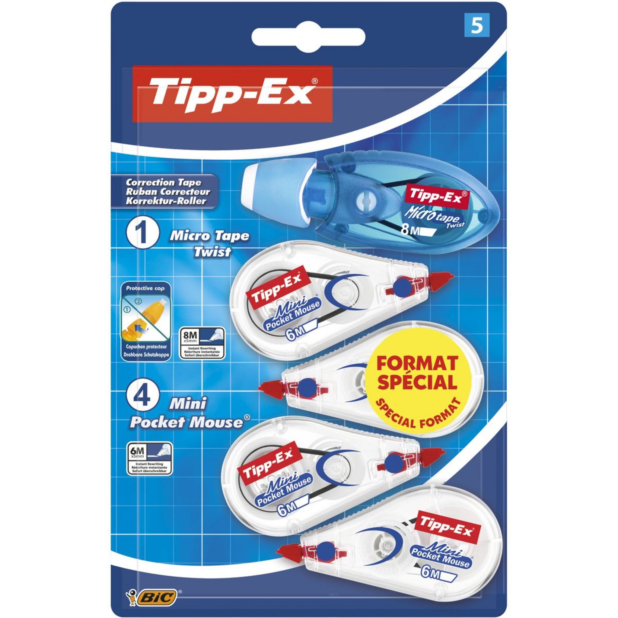 TIPP-EX Lot de 3 mini souris correctrices 6m jaune, rouge et bleu + 1 stylo  4 couleurs rétractable bleu pas cher 