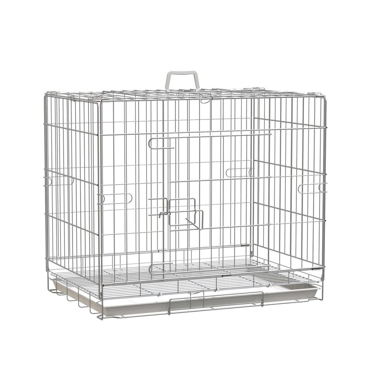 PAWHUT Cage pour chien pliable - plateau excrément coulissant - 2 portes verrouillable, poignée - dim. 61L x 43l x 50H cm - fer galvanisé PP blanc