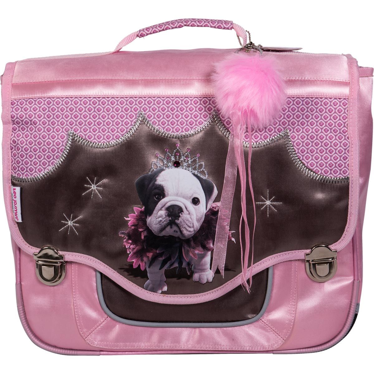 Cartable 38cm porte cle pompom fille Teo Jasmin Queen Chien rose et cuivre pas cher Auchan