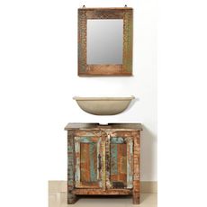 Ensemble meuble sous vasque et miroir en bois massif recycle