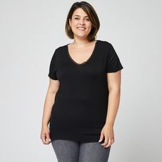IN EXTENSO T-shirt manches courtes noir col v en dentelle grande taille femme (Noir)