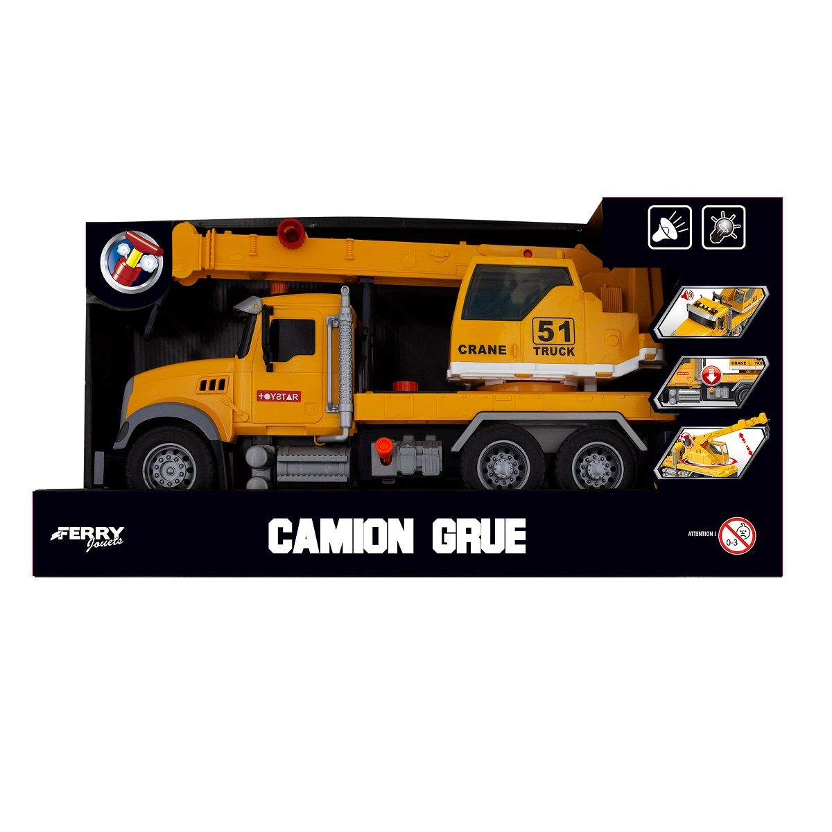 FER CAMION GRUE A FRICTION 35 CM SON ET LUMIERE