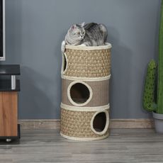 Arbre A Chat Cylindrique Tour A Griffer Pour Chat Arbre A Chat Tour Tonneau Griffoir 3 Niches Plateforme Sisal Corde D Algues Beige Pas Cher A Prix Auchan