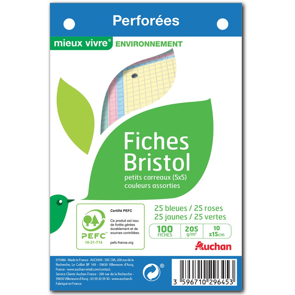 100 Fiches Bristol Petits Carreaux Perforées 12,5X20Cm 10603E - Profitez-en