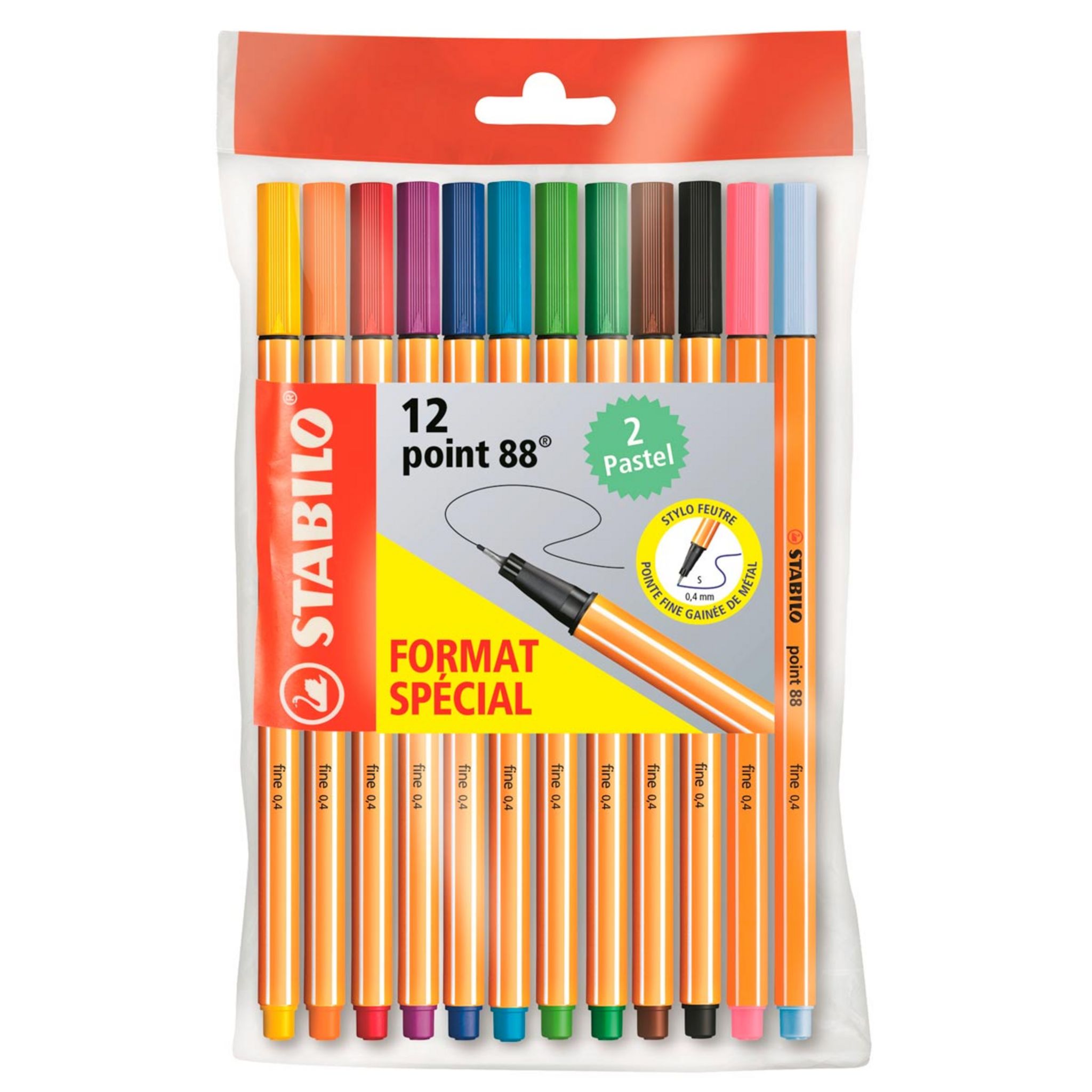 Lot de 12 Stylos feutres pointe fine 0.4mm dont 2 pastels Point 88