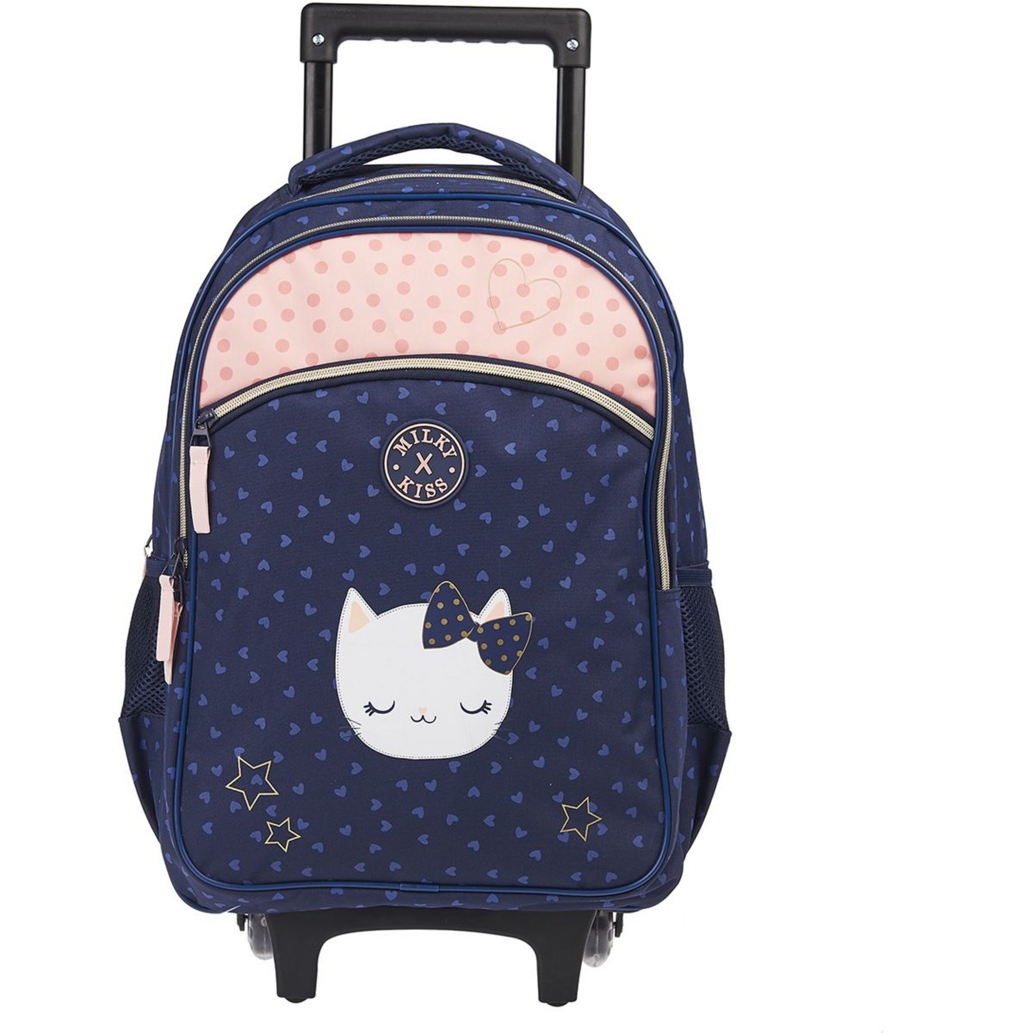 Milky Kiss Sac a dos a roulettes bleu et rose paillettes coeurs imprime CHAT pas cher Auchan