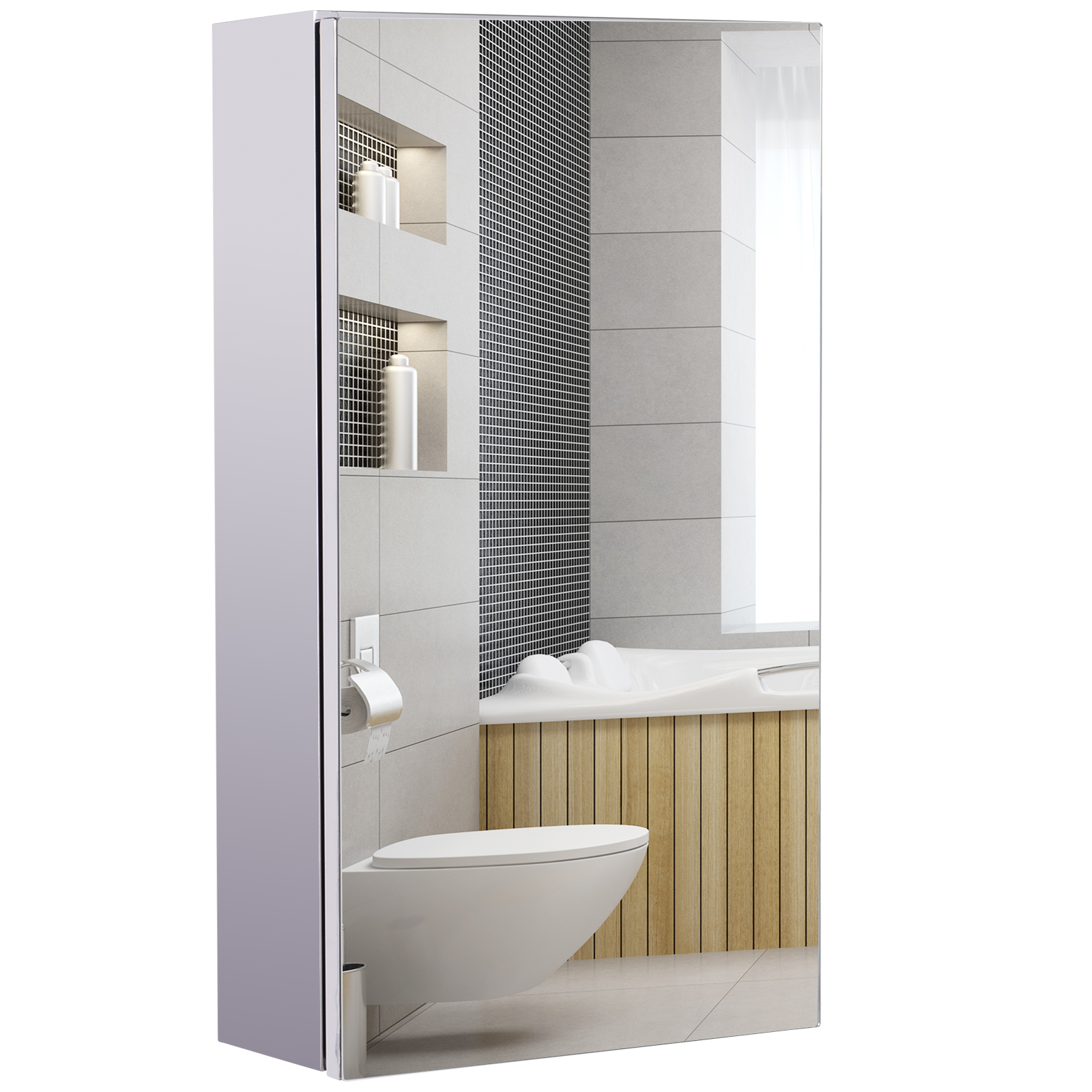 Armoire miroir salle de bain armoire de toilette murale meuble d'angle 2  étagères dim. 30L x 18,4l x 60H cm acier inox.