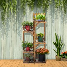 Étagère à fleurs en bois - porte plante bois 5 tablettes ornement petites barrières - dim. 60L x 30l x 130H cm - bois de sapin traité carbonisation