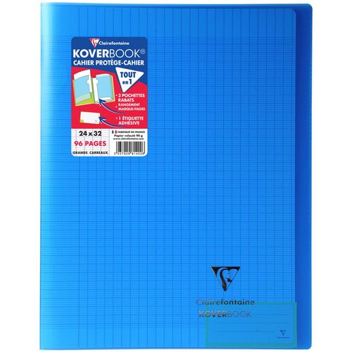 Cahier piqué polypro Koverbook 24x32cm 96 pages grands carreaux Seyes bleu transparent