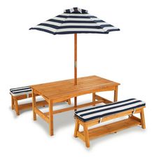 Table et bancs de jardin avec coussins et parasol - Marine