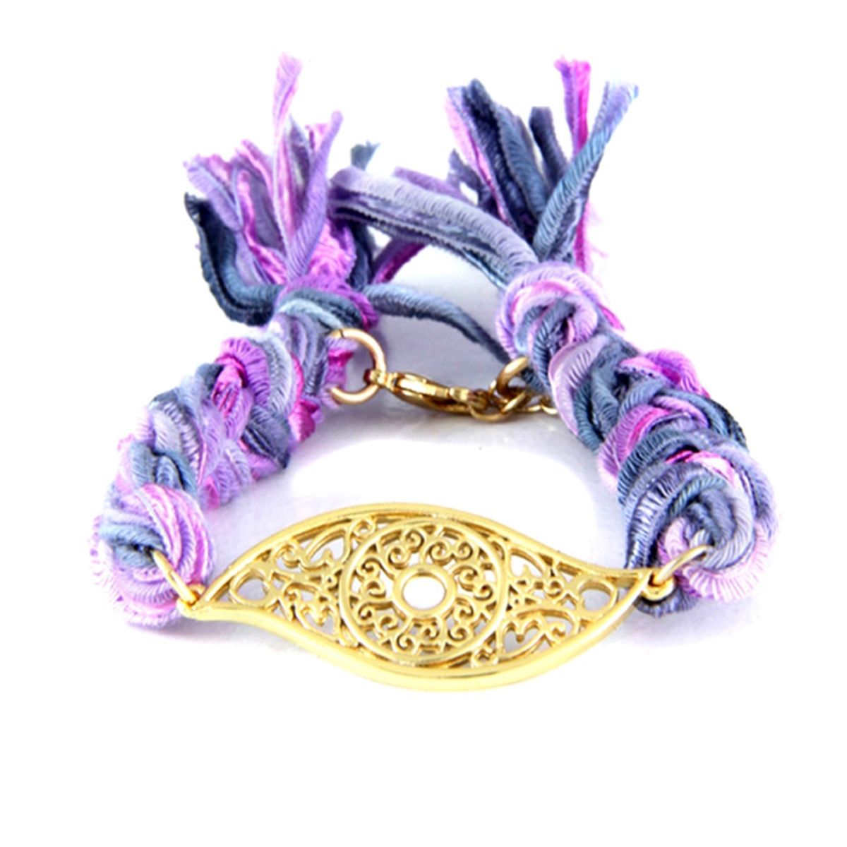 BLUE PEARLS Ettika - Bracelet Oeil en Or Jaune et Coton Rubans Tressés Violets - ETK 0127 Oeil Violet
