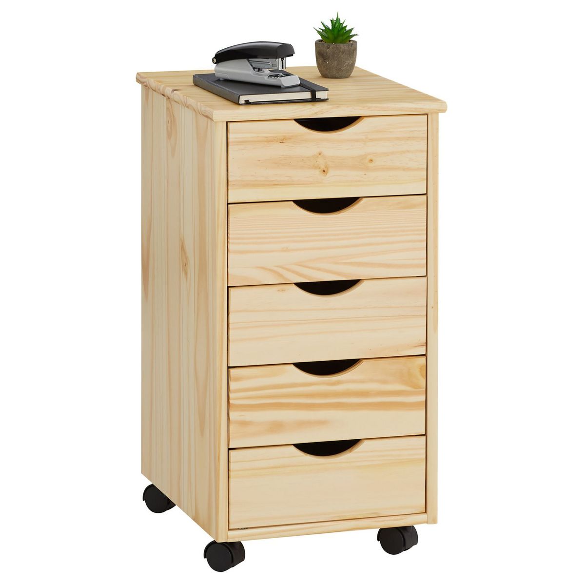 Caisson de bureau LAGOS meuble de rangement sur roulettes avec 5 tiroirs,  en pin massif finition vernis naturel et lasuré gris