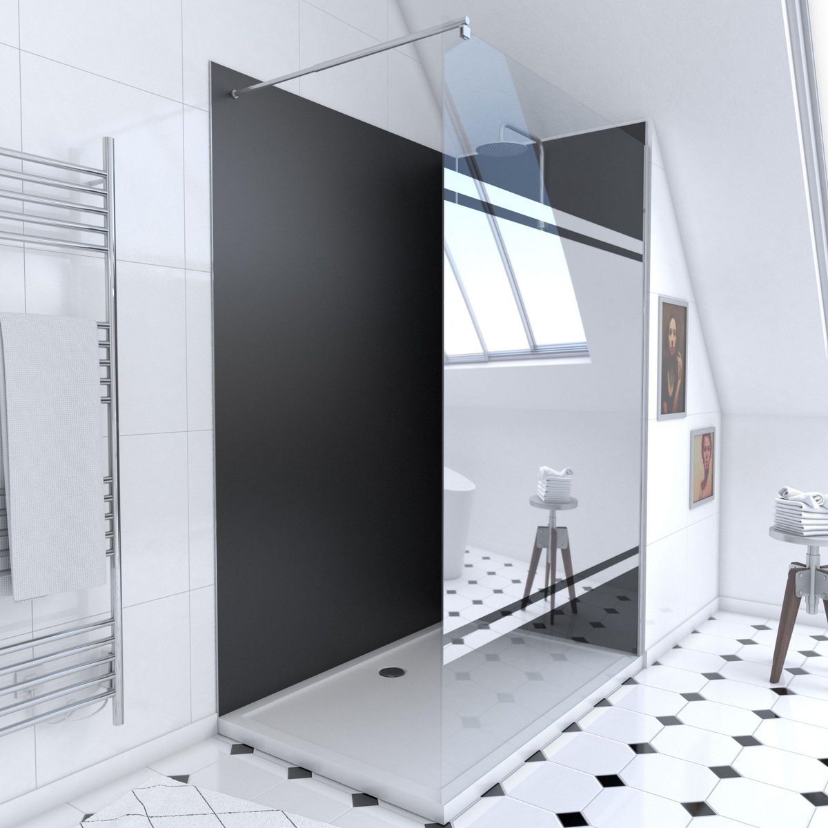 Aurlane Ensemble complet douche à l'Italiennne avec Receveur 90x120 + Paroi miroir + Panneaux muraux noir