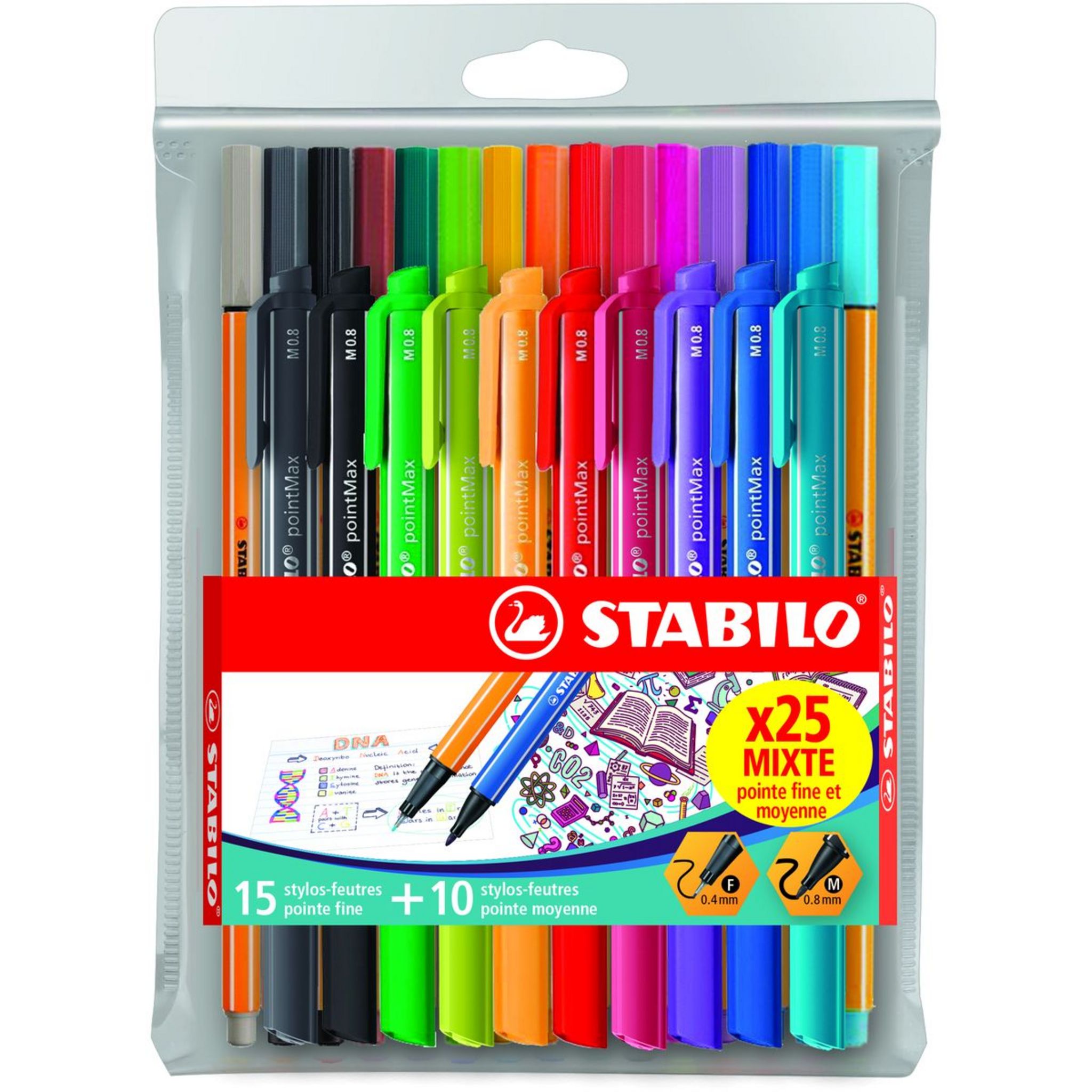 STABILO Lot de 15 stylos feutres pointe fine + 10 stylos feutres pointe  moyenne pas cher 