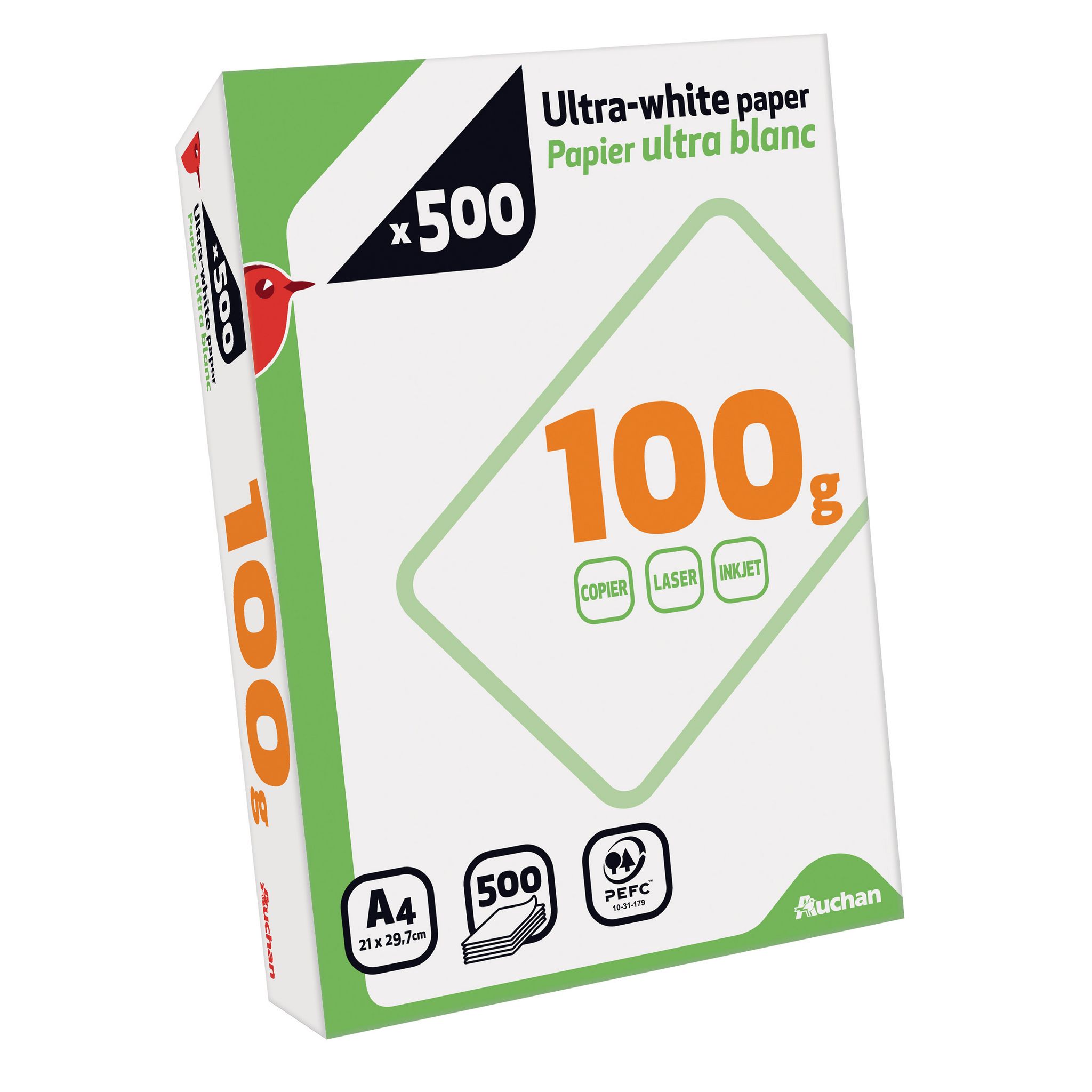 AUCHAN Ramette de papier ultra blanc 500 feuilles A4 – 90g