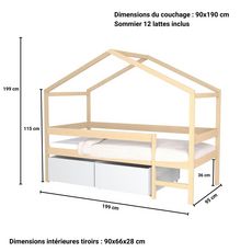 Lit cabane bois massif 90x190 cm avec 2 tiroirs sommier barrière et échelle ELIO (Brut)