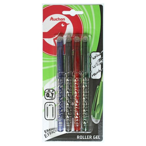 Lot de 4 stylos rollers gel effaçables pointes moyennes noir/bleu/rouge/vert