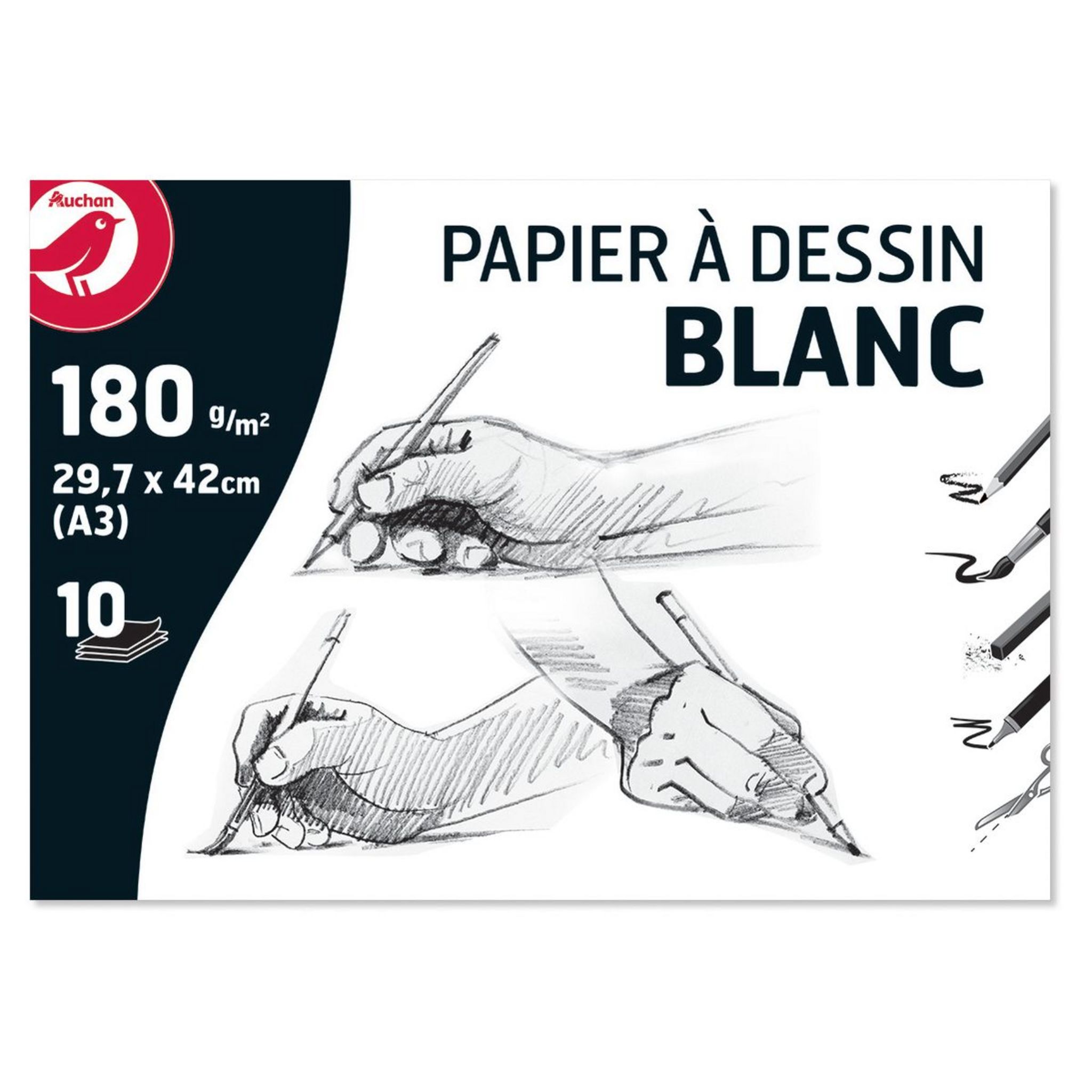 AUCHAN Pochette de papier à dessin blanc 10 feuilles 29.7x42cm 180g pas  cher 