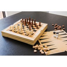 One Two Fun Plateau de jeux en bois 3 en 1 - Echecs, Backgammon, Dames