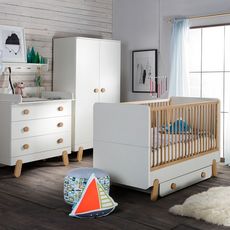 Chambre complète lit bébé 60x120 - commode à langer - armoire 2 portes Iga - Blanc et bois
