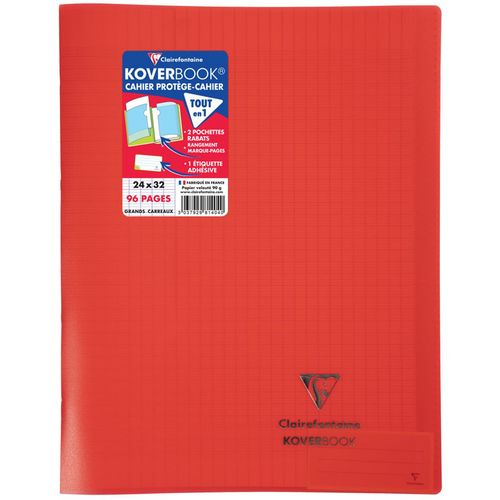 Cahier piqué polypro Koverbook 24x32cm 96 pages grands carreaux Seyes rouge transparent