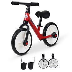 Vélo enfant draisienne 2 en 1 roulettes et pédales amovibles roues 11  hauteur selle réglable acier (Rouge)