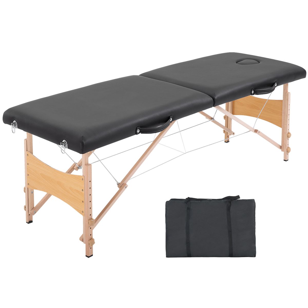 HOMCOM HOMCOM Table de massage pliante lit table de beauté 2 zones portable sac de tranport inclus hauteur réglable dim. 186L x 60l x 58-81H cm bois massif revêtement synthétique noir