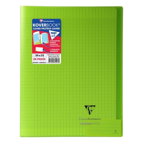 Cahier piqué polypro Koverbook 24x32cm 48 pages grands carreaux Seyes vert transparent