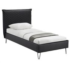 Lit simple avec sommier et tête de lit effet matelassé 90x190 cm ALBAN (Noir)