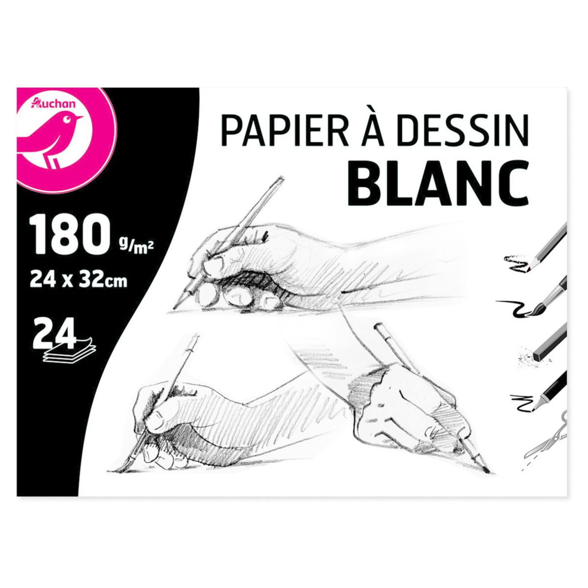 AUCHAN Maxi pochette de papier à dessin blanc à grain 24 feuilles 24x32cm  180g/m2 pas cher 