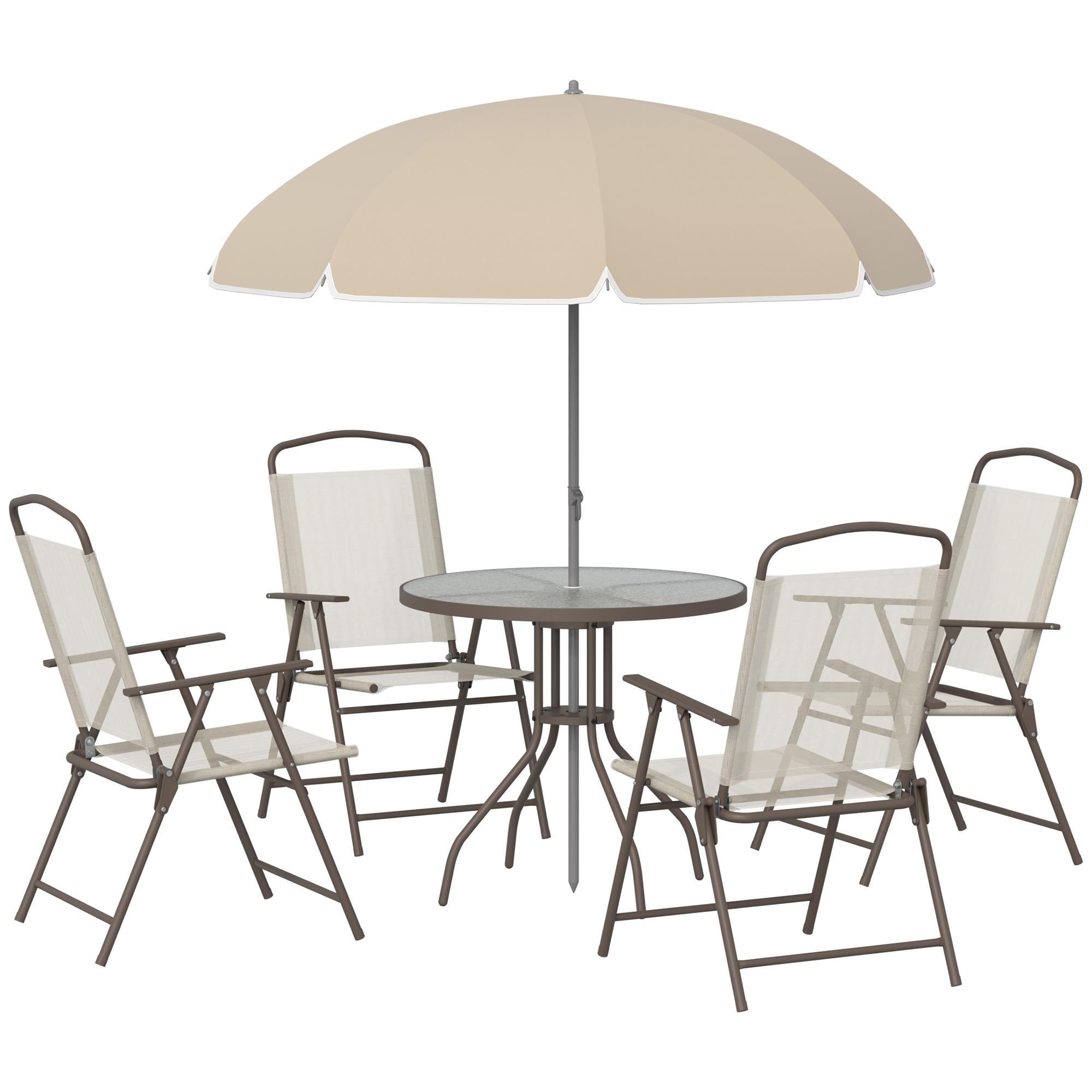 Ensemble Salon de Jardin 6 Pcs 4 Chaises Pliantes Table Basse en Verre et  Parasol pour Terrasse Piscine Cour Noir - Costway