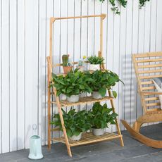 Étagère échelle à fleurs en bois de bambou - porte plante bois 3 étagères + barre support pour pots suspendus