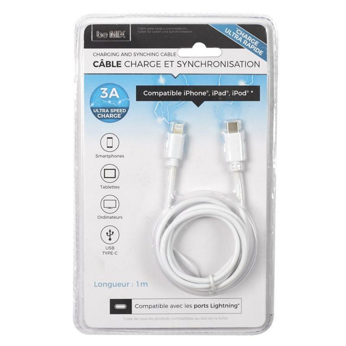 Câble Charge Rapide 3A Charge & Synchronisation 100cm Blanc