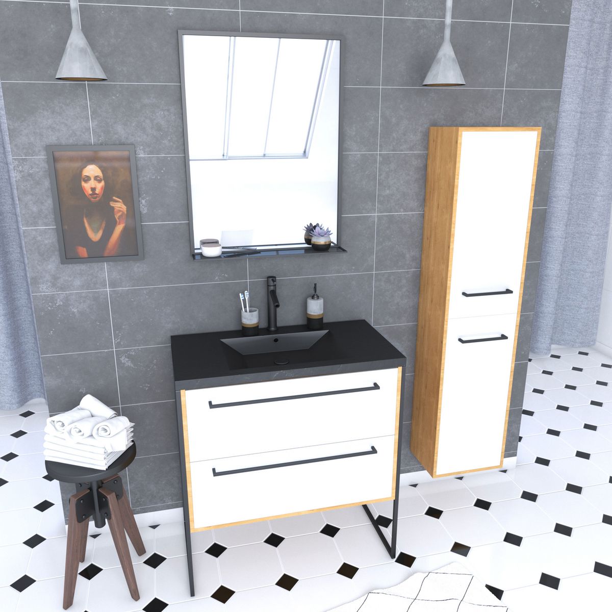 Aurlane Meuble de salle de bain 80x50cm - vasque noir effet pierre 80x50cm - 2 tiroirs - colonne - miroir