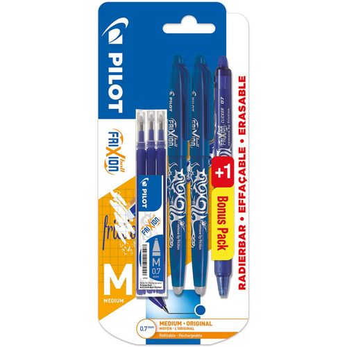Lot de 3 stylos effaçables bleu FriXion Ball + 3 recharges effaçables bleu