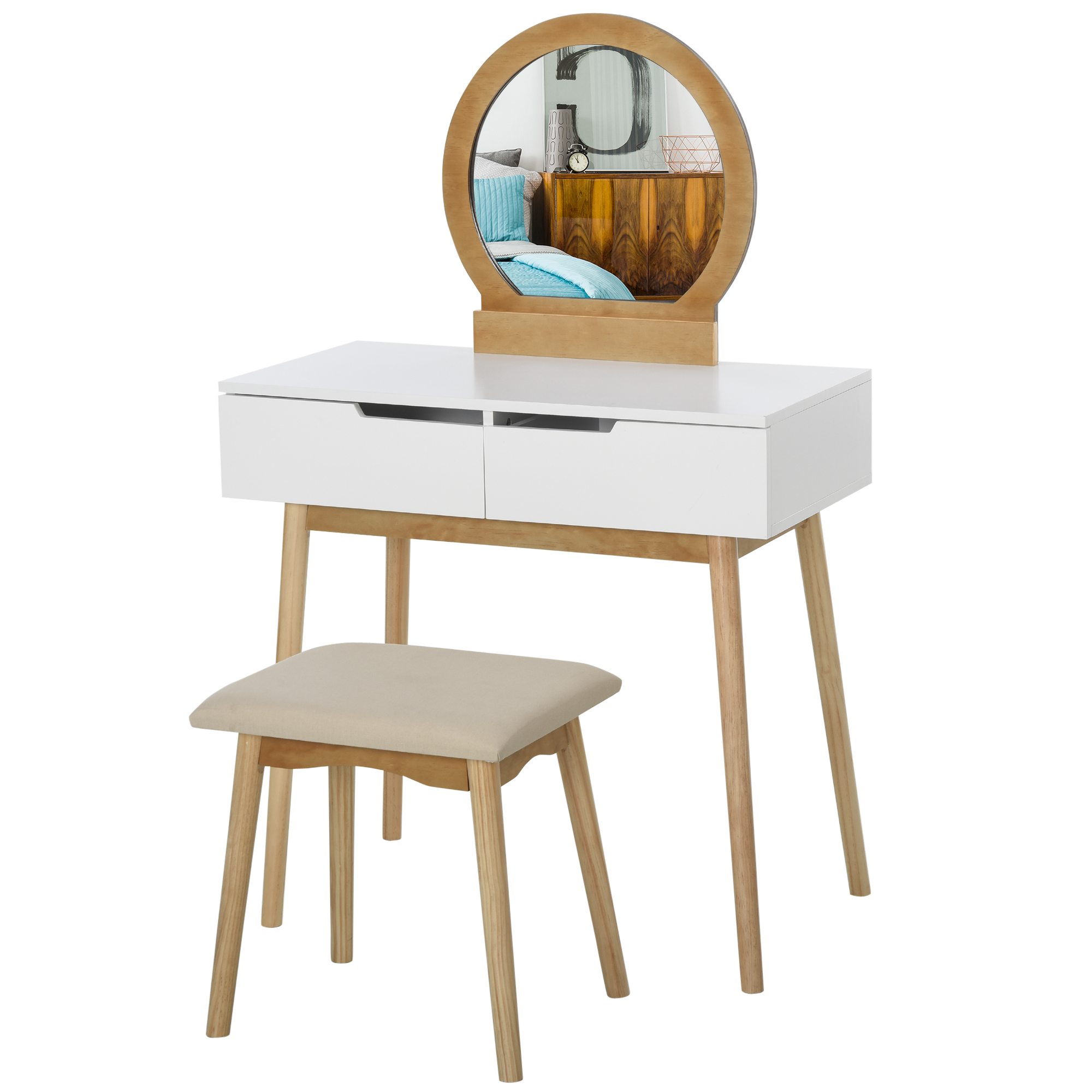 HOMCOM – Ensemble de coiffeuse avec miroir rond, table de