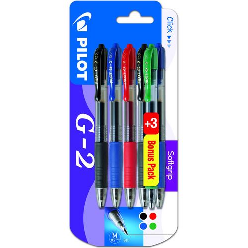 Lot de 3+3 stylos gel roller rétractables pointe moyenne noir/rouge/vert/bleu G2