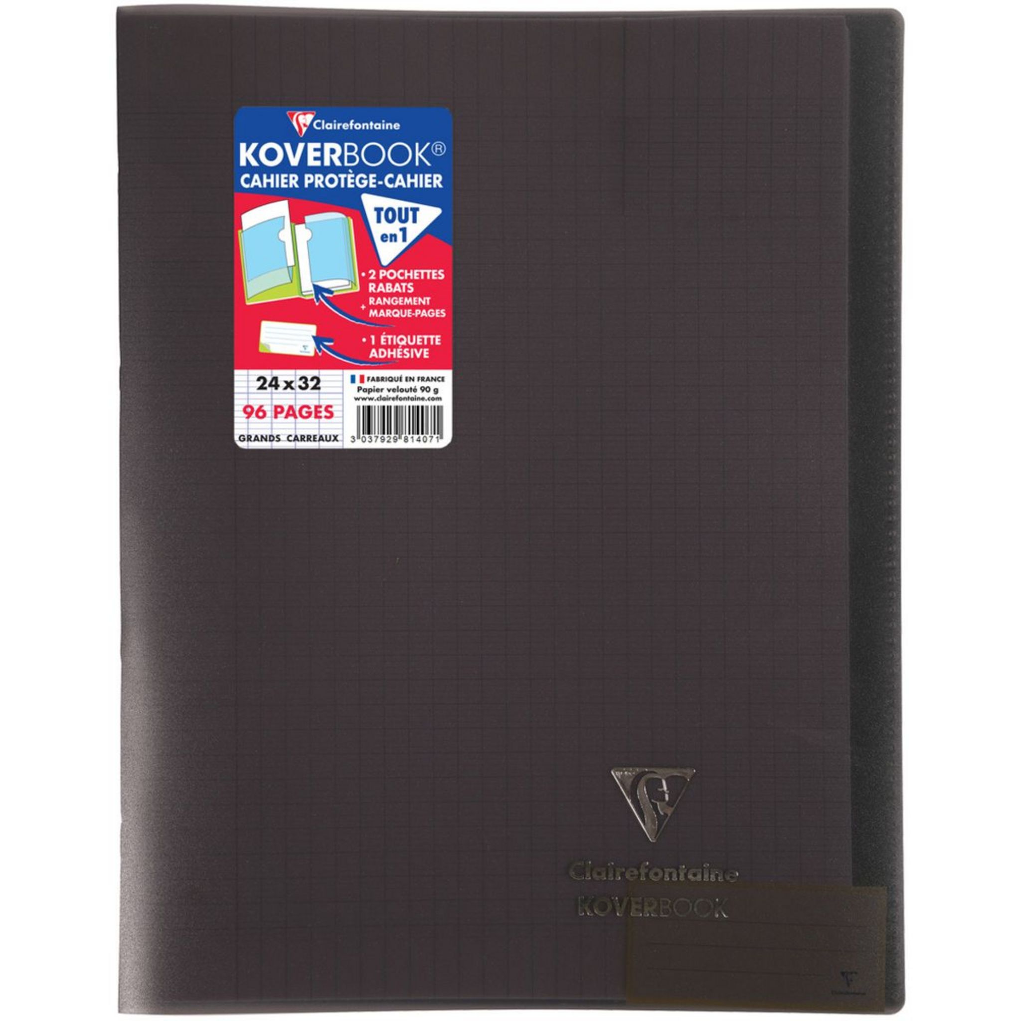 CLAIREFONTAINE Cahier piqué polypro Koverbook 24x32cm 96 pages grands  carreaux Seyes noir transparent pas cher 