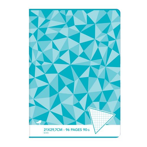 Cahier piqué 21x29,7cm 96 pages petits carreaux 5x5 bleu motif triangles