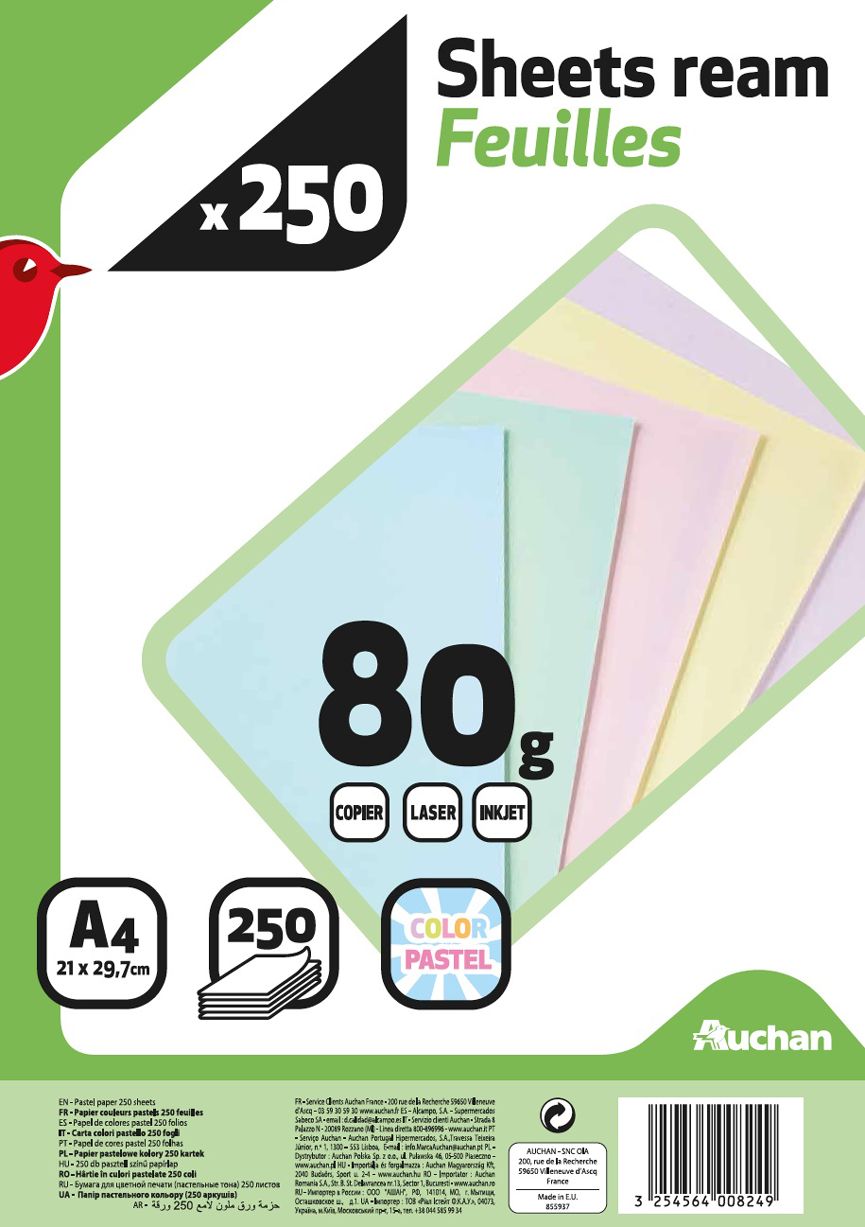 Papier de couleur pastel, assortiment de 5 couleurs de 80 par