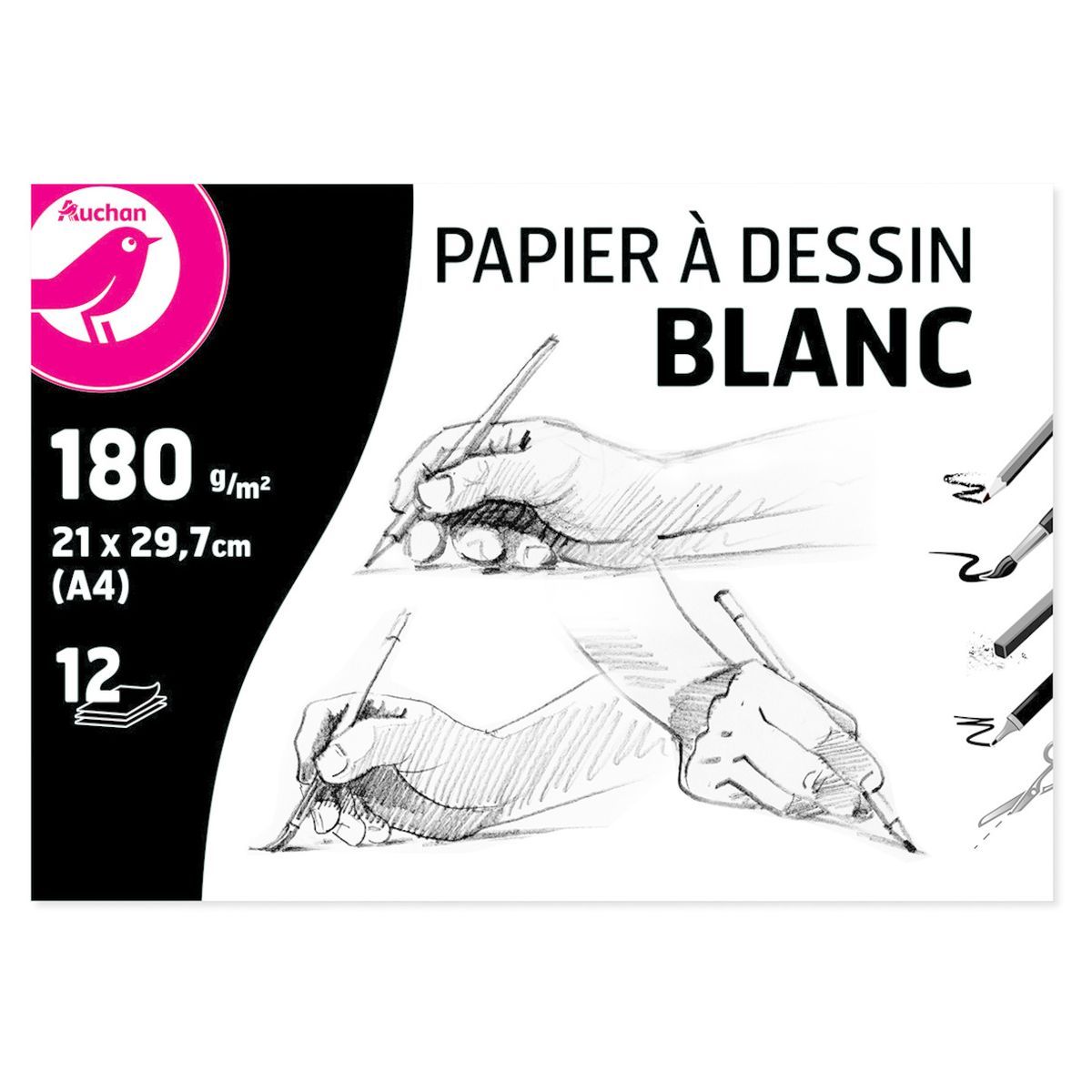 AUCHAN Pochette de papier à dessin 12 feuilles A4 180g/m2 blanc